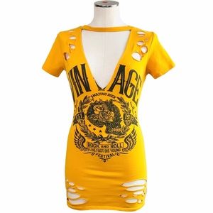 Windsor Vintage Womens Rock N Roll Concert Graphic Tee Top Mustard Yellow Size S